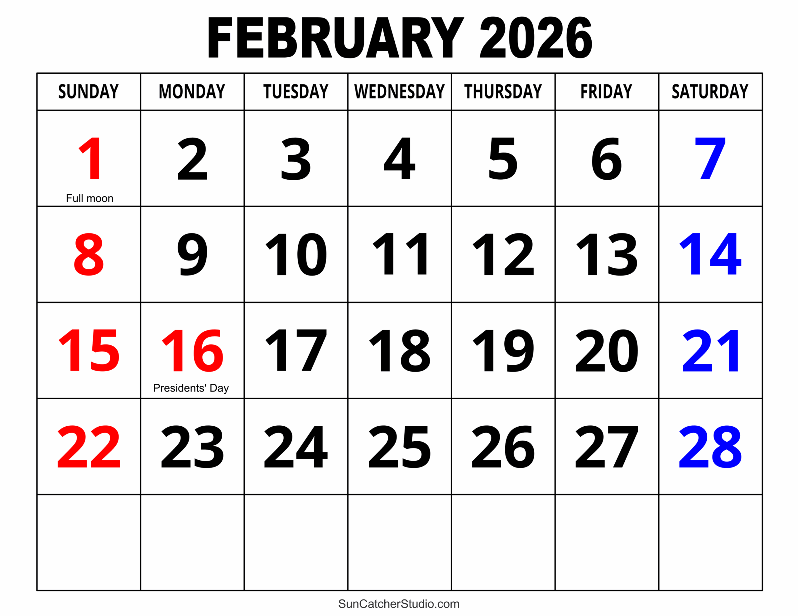 Large Printable Monthly Calendar 2026