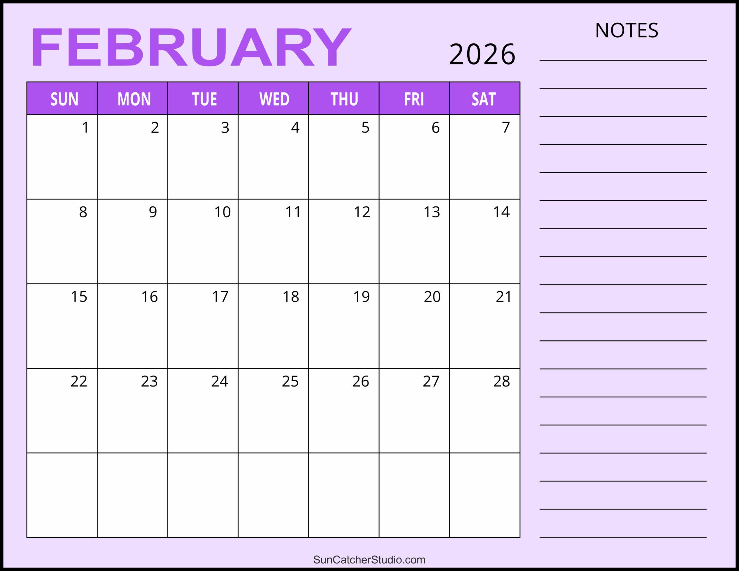 February 2026 Calendar Free Printable DIY Projects Patterns