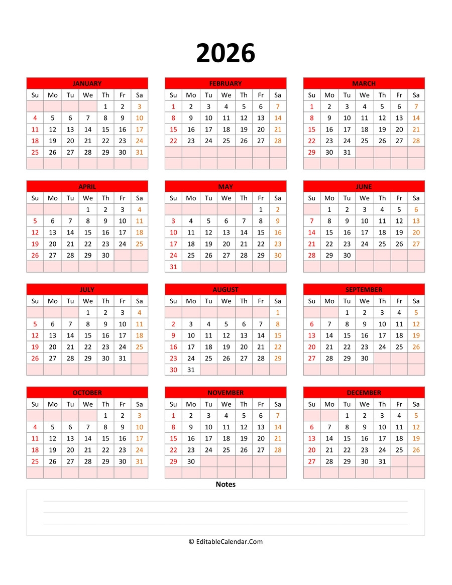Fillable Calendar 2026 With With Notes