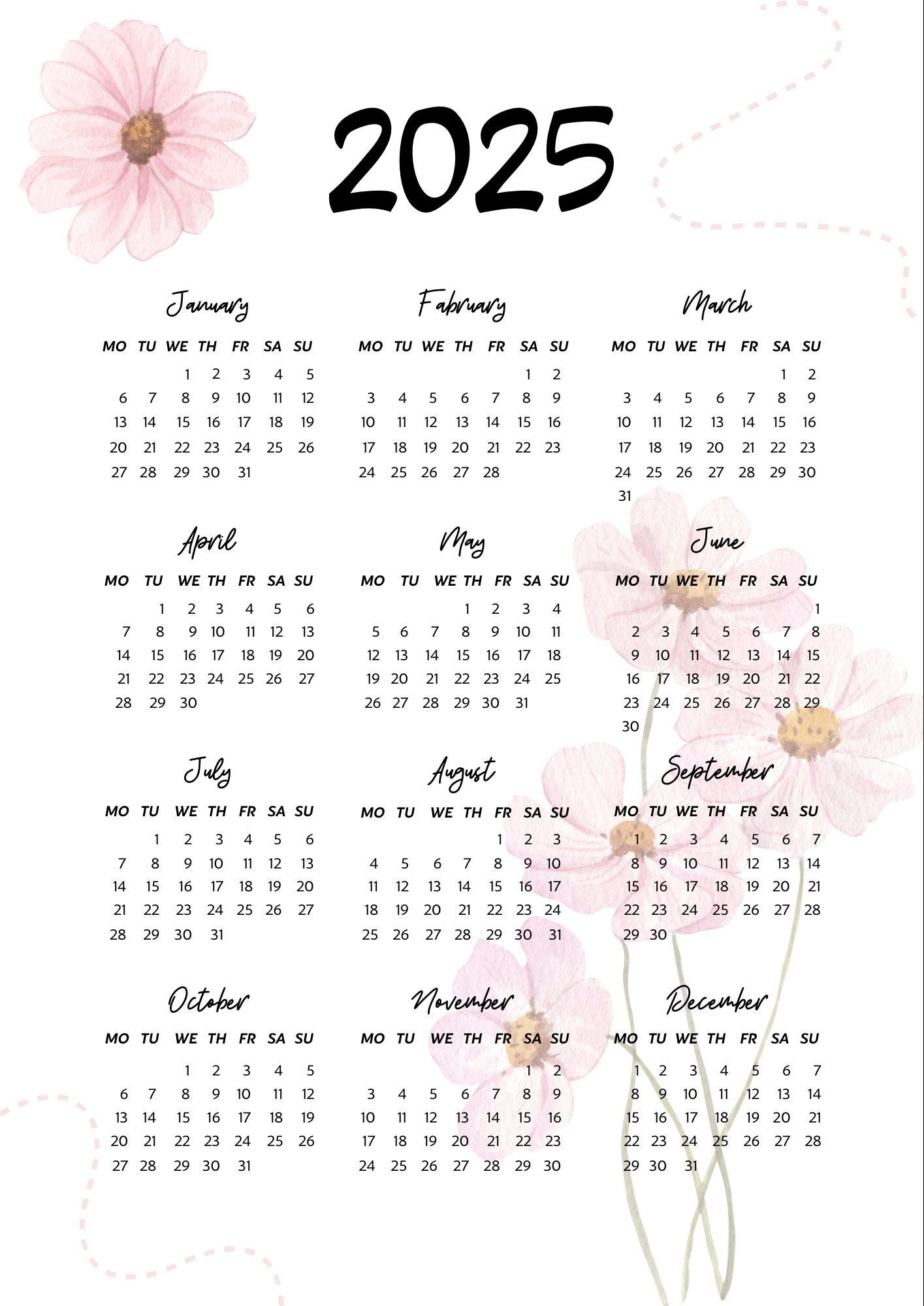 Flower Calendar 2025 Digital Product Etsy Flower Calendar Cute