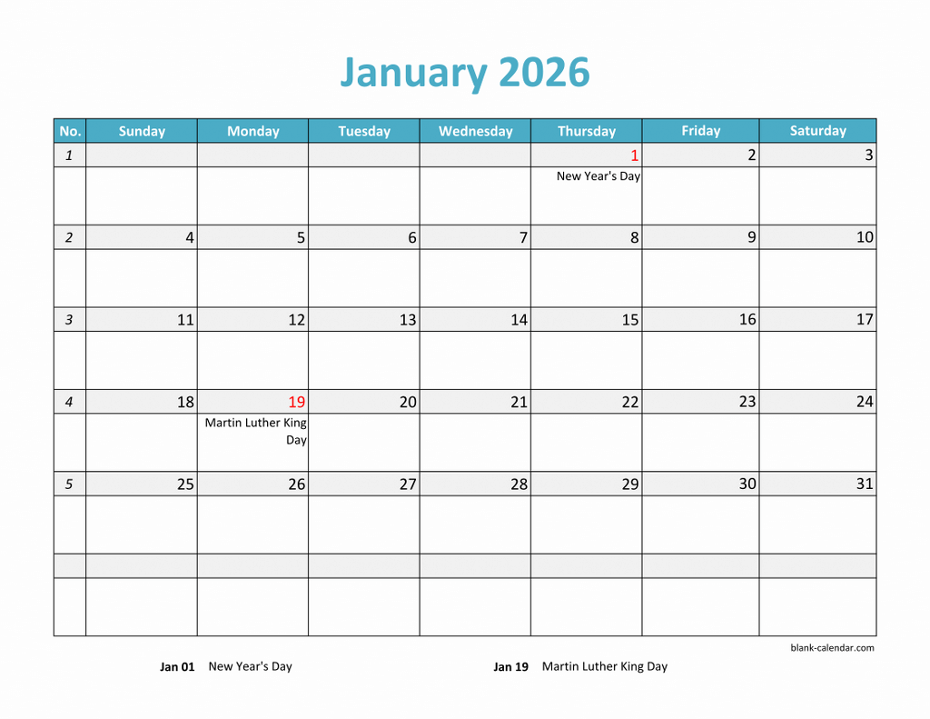Free Download 2026 Excel Calendar Large Boxes In The Grid Horizontal 