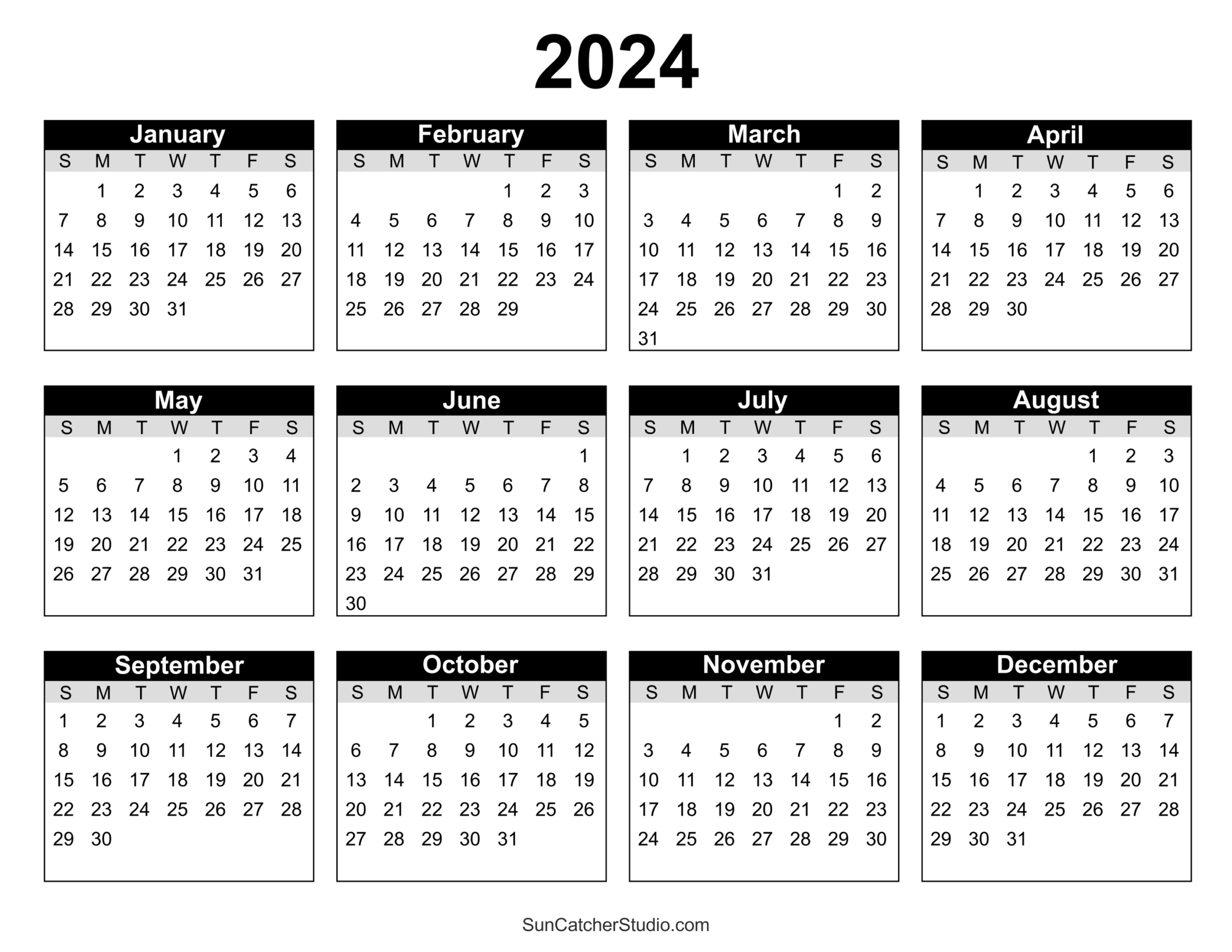 Free Printable 2024 Yearly Calendar DIY Projects Patterns Monograms