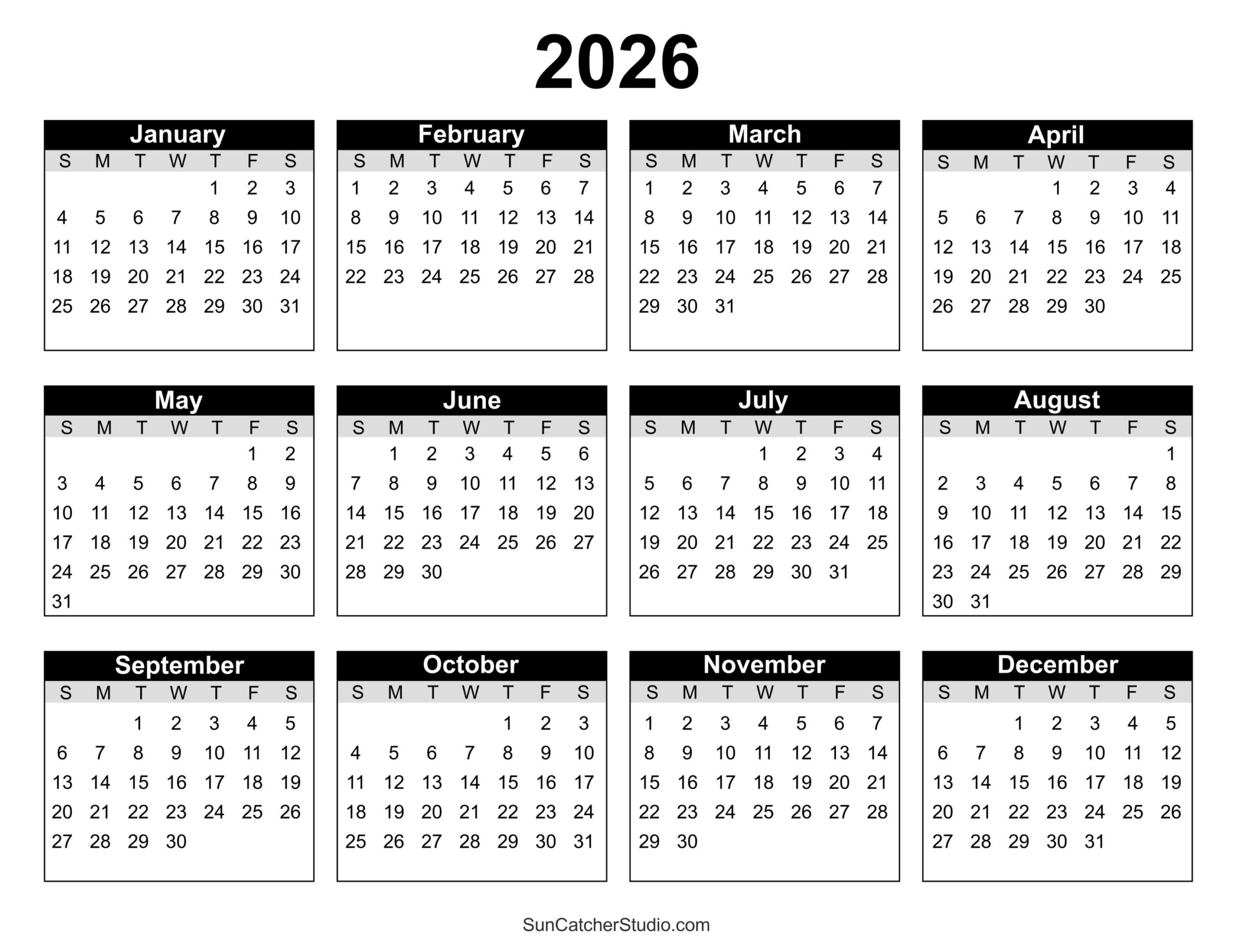 Free Printable 2026 Yearly Calendar DIY Projects Patterns Monograms