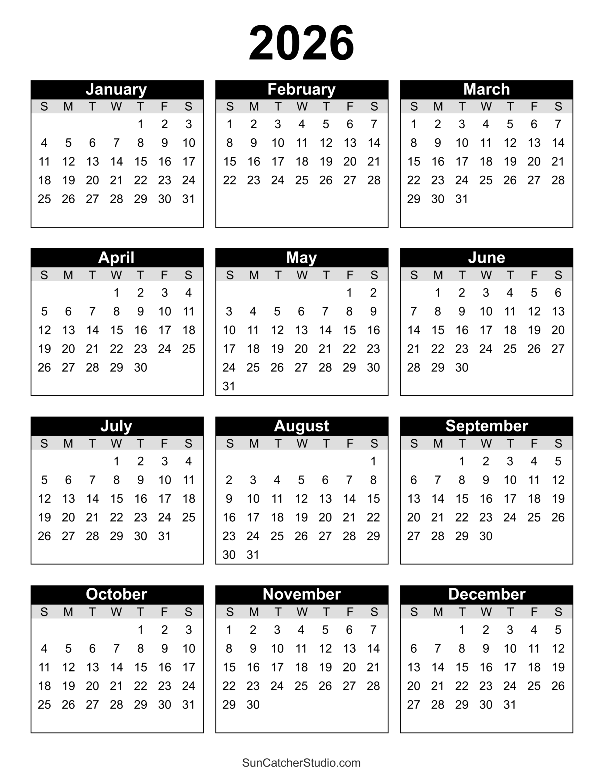 Free Printable 2026 Yearly Calendar DIY Projects Patterns Monograms