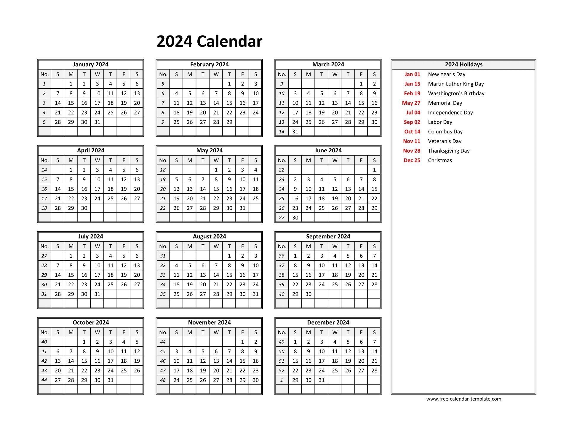 2026 Calendar Horizontal Printable