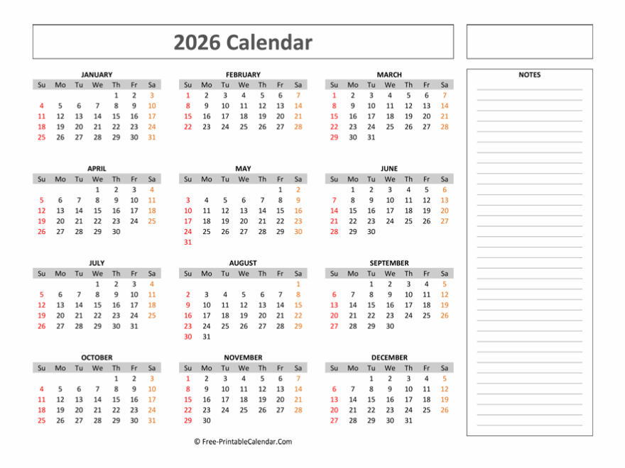 Free Printable Calendar 2026 With Notes Weeks Start On Sunday