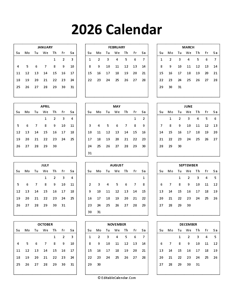 Free Printable Calendar 2026 Word PDF Excel 