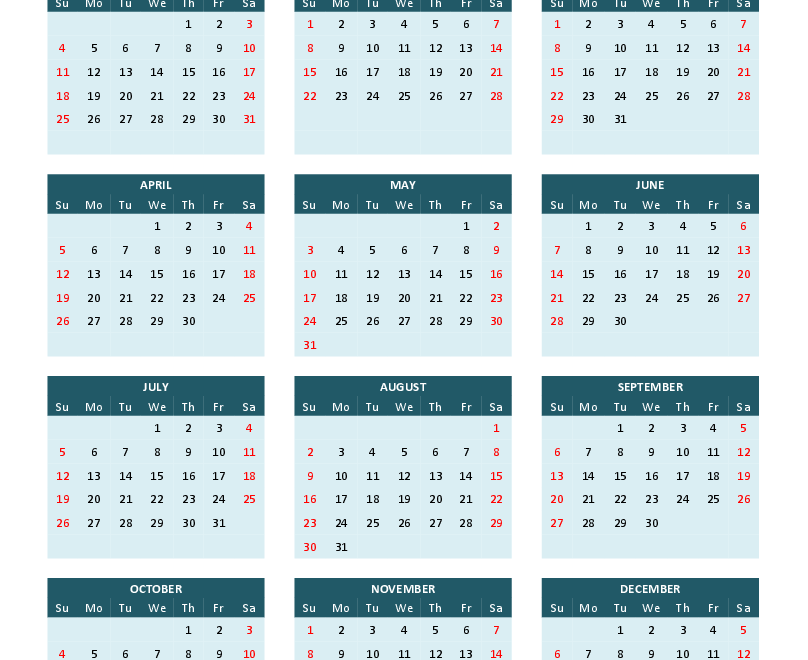 Free Printable Calendar 2026 Word PDF Excel