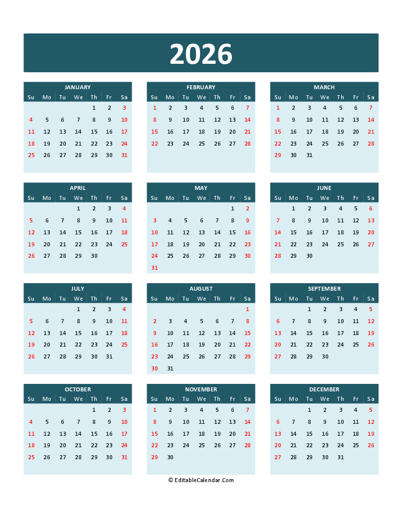 Free Printable Calendar 2026 Word PDF Excel 