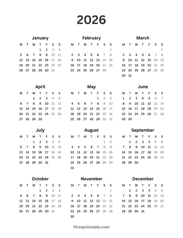 Free Printable Yearly Calendar For 2026 And 2027 Monday Start In 2024
