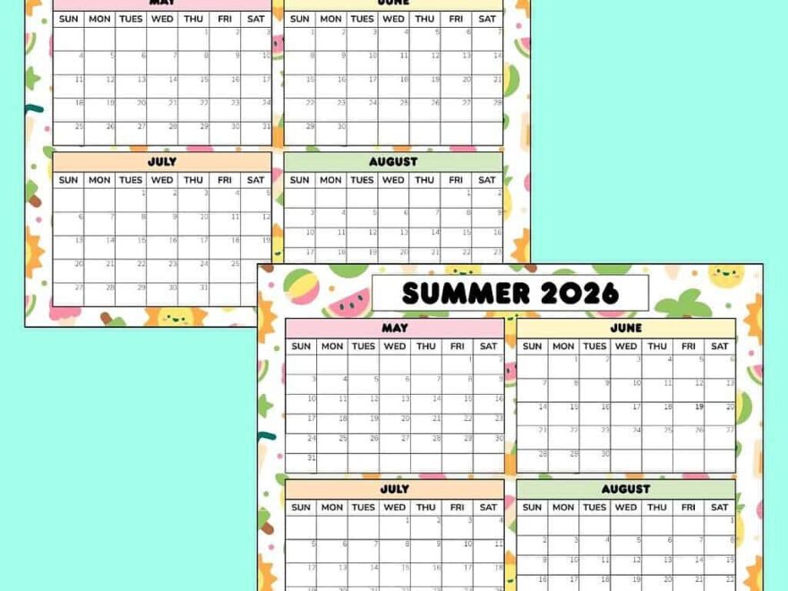 Free Summer Calendar Printable 2025 2026 PDF