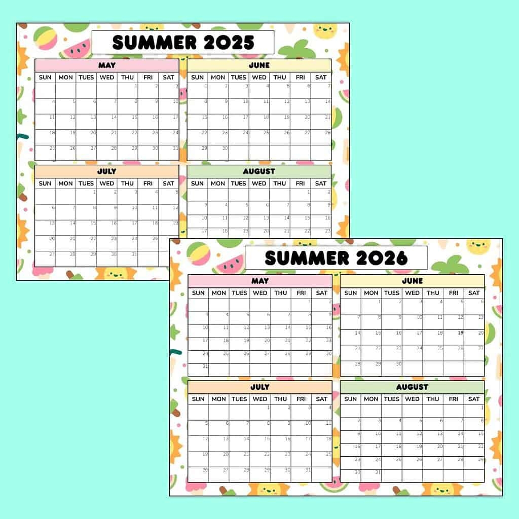 Free Summer Calendar Printable 2025 2026 PDF