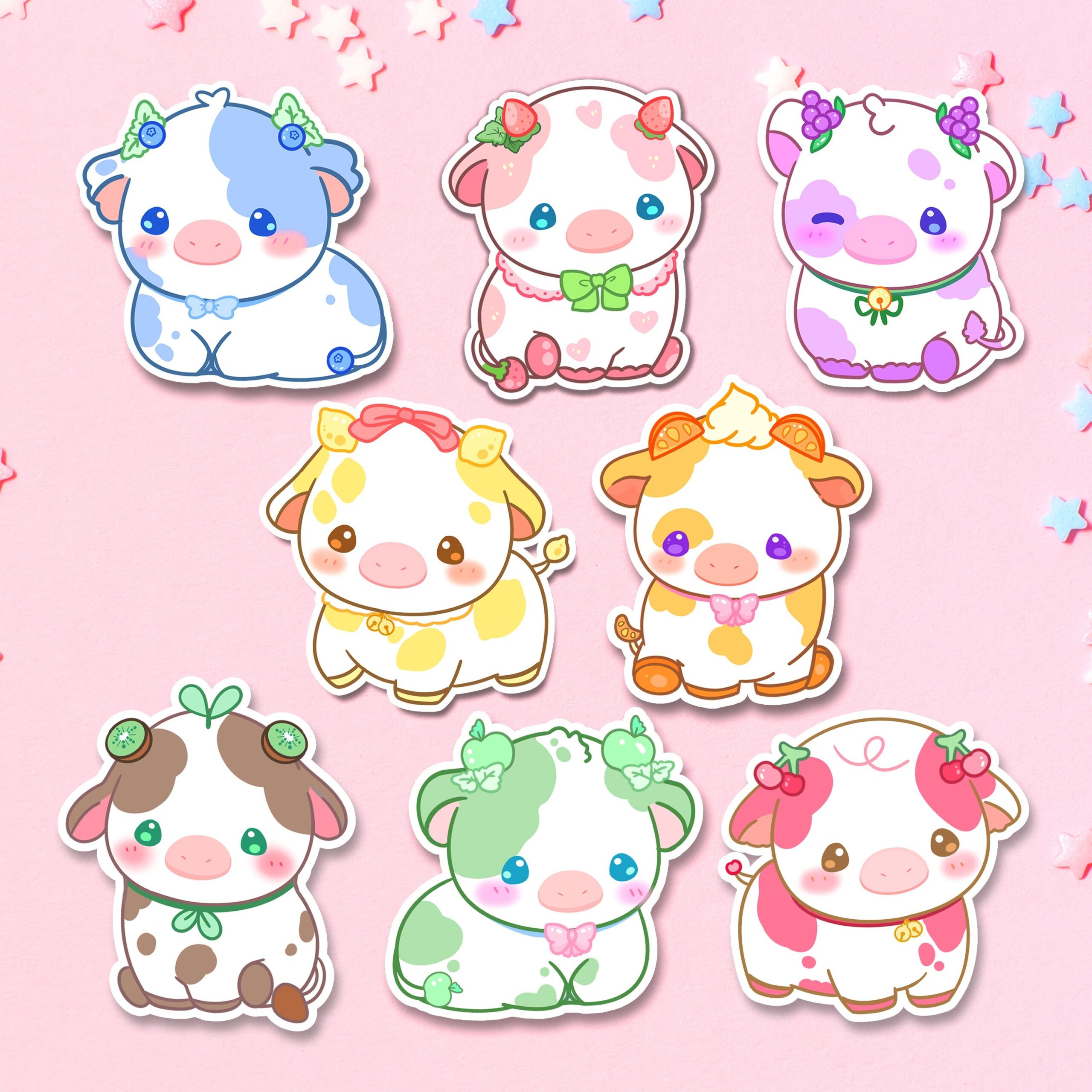 Fruit Cow Stickers Kawaii Cow Sticker Cute Strawberry Cow Sticker
