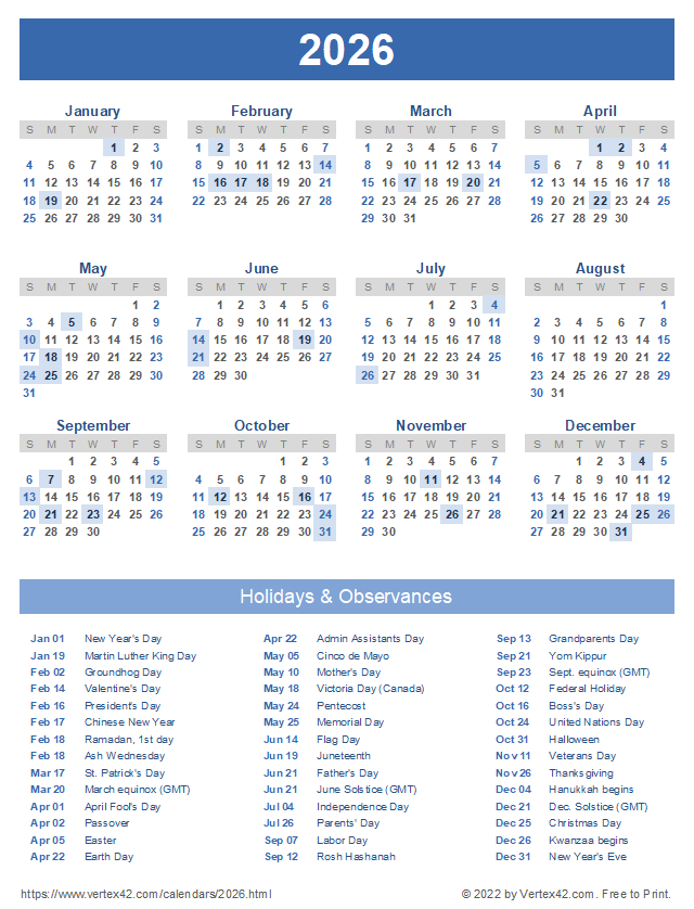 Full Year Calendar 2026 Leona A Cox