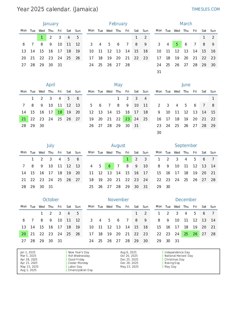 2026 Calendar With Holidays Jamaica Printable
