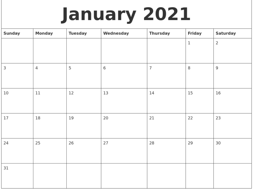 January 2021 Monthly Printable Calendar