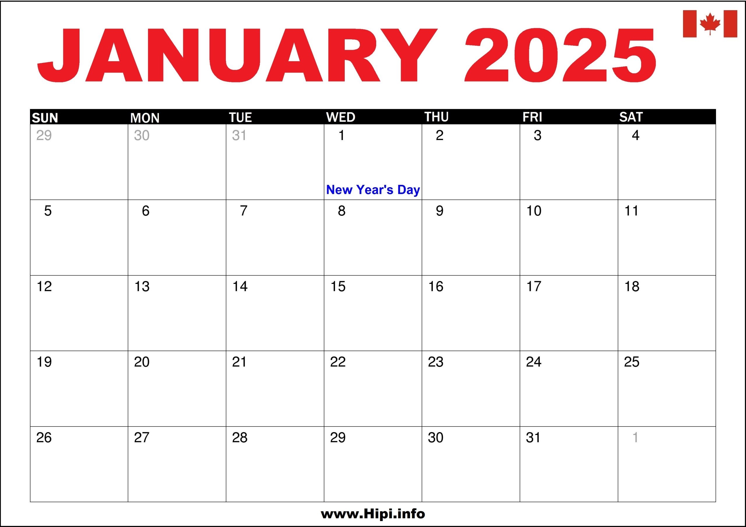 January 2025 Calendar Canada Printable Free Word Maria Stormi