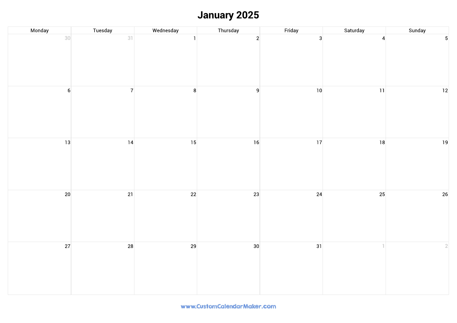 January 2025 Calendar Starting Monday Edna Ramsey