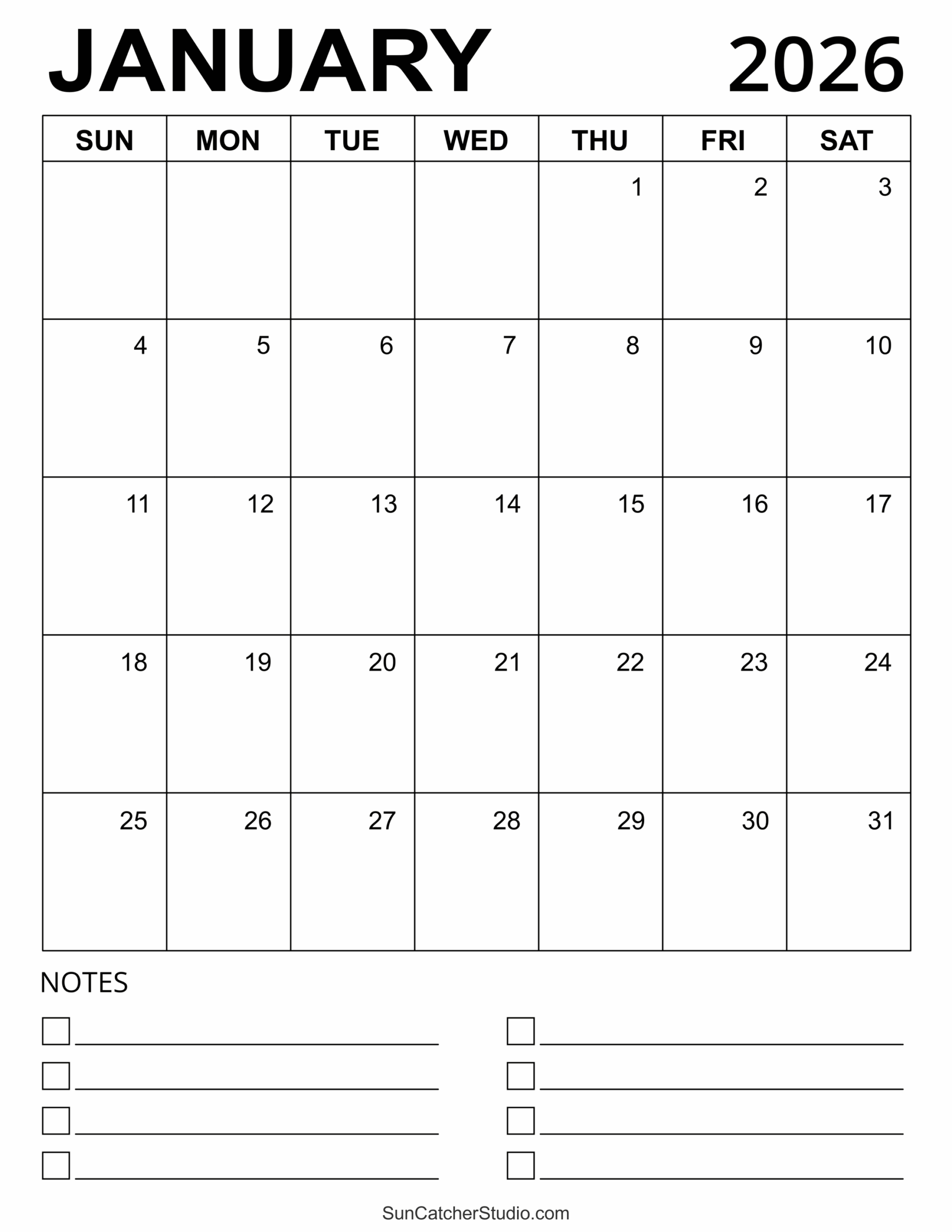 January 2026 Calendar Free Printable DIY Projects Patterns
