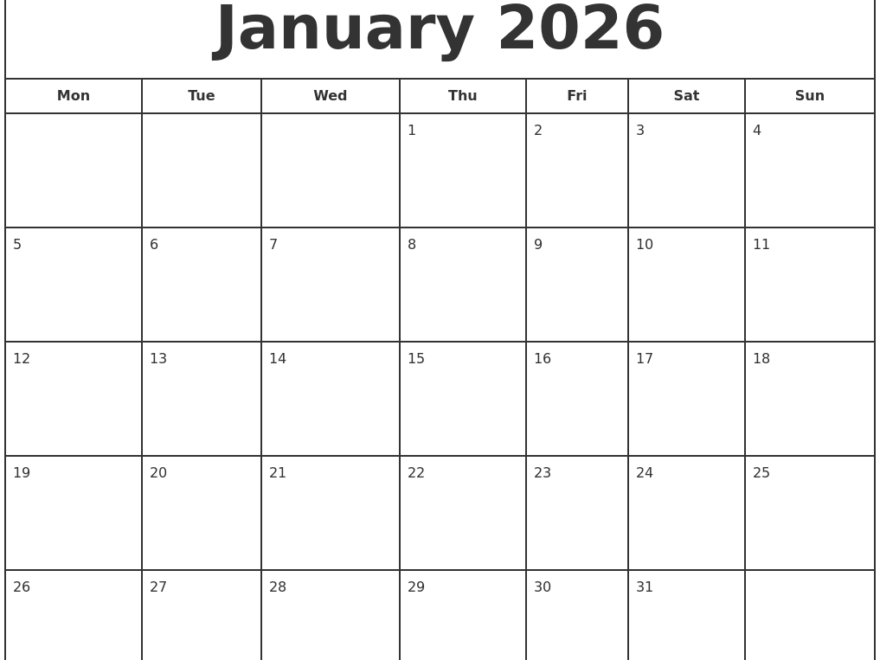 January 2026 Print Free Calendar