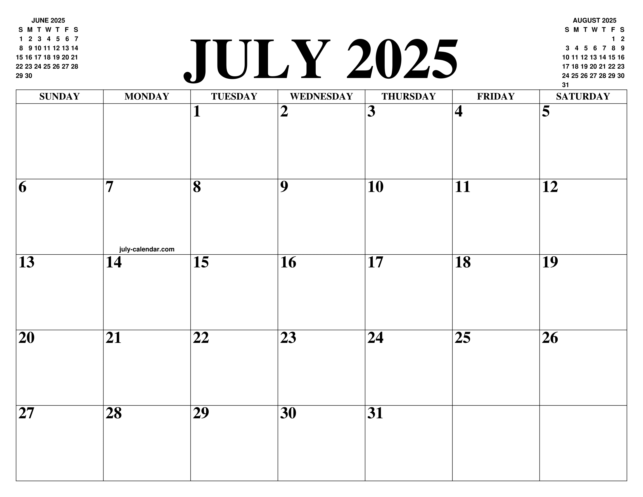 JULY 2025 2026 CALENDAR OF THE MONTH FREE PRINTABLE JULY 2025 2026