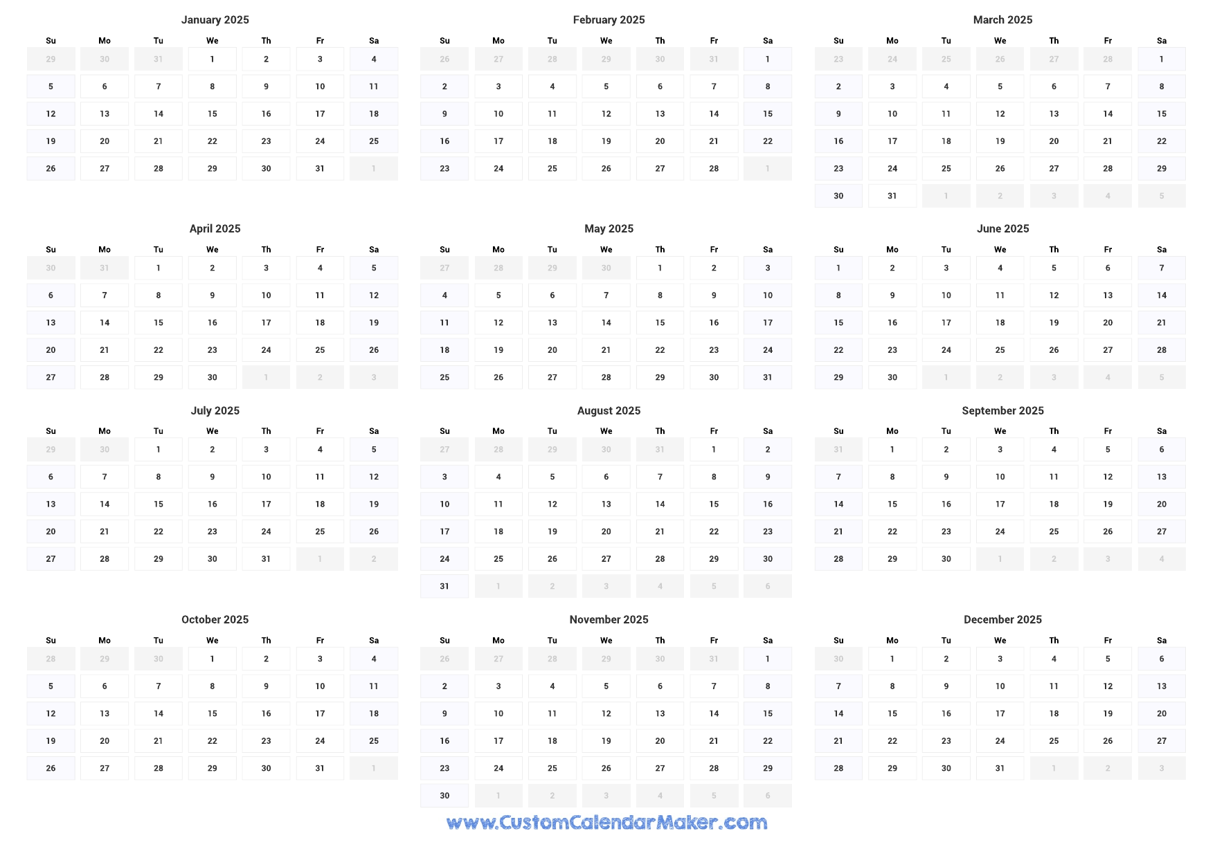 Landscape Printable Calendar 2025 Robert L Smith