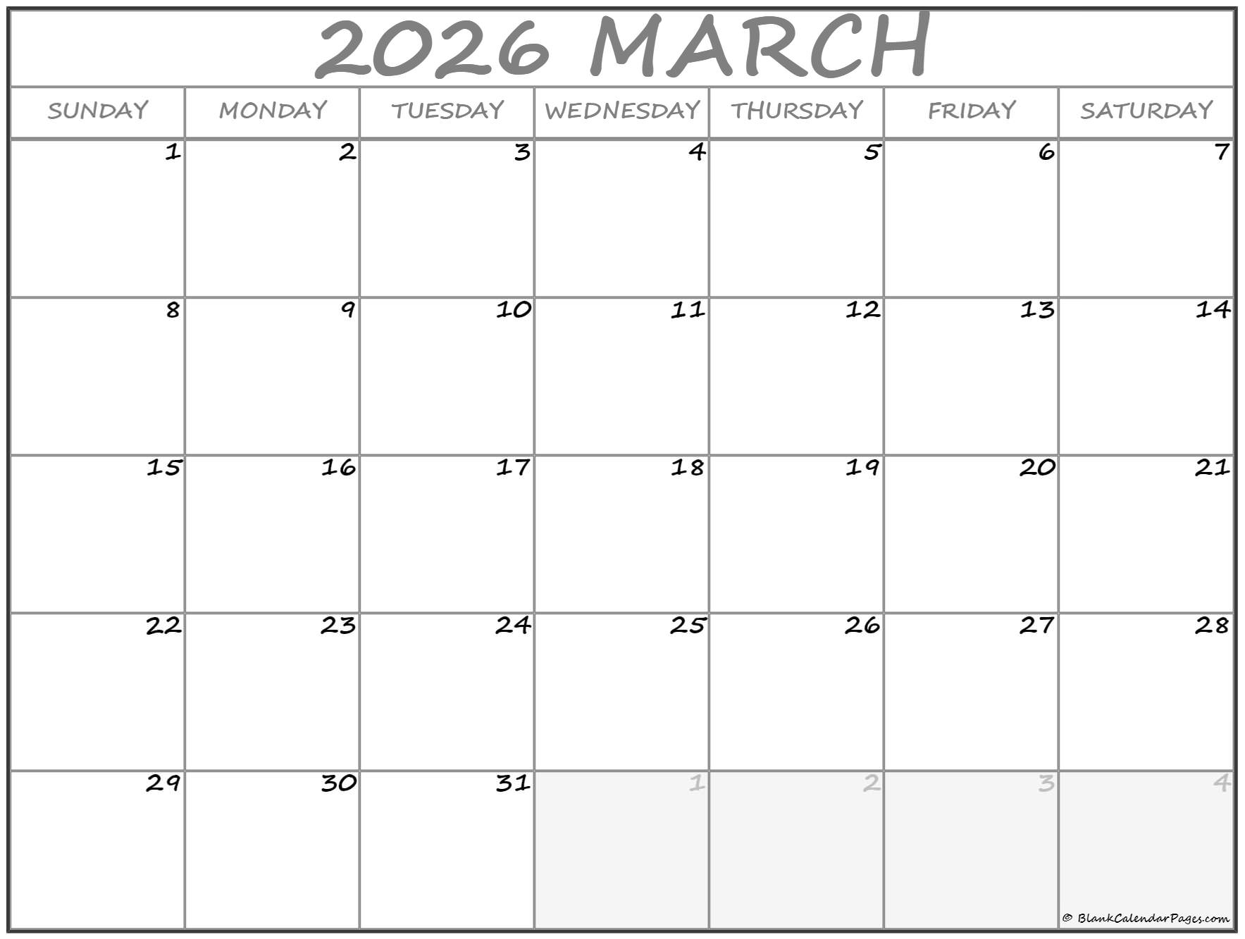 Printable Blank Calendar Pages 2026