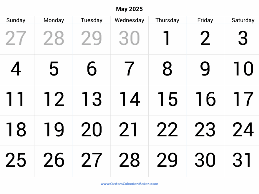 May 2025 Calendar Big Numbers Oscar Hayden