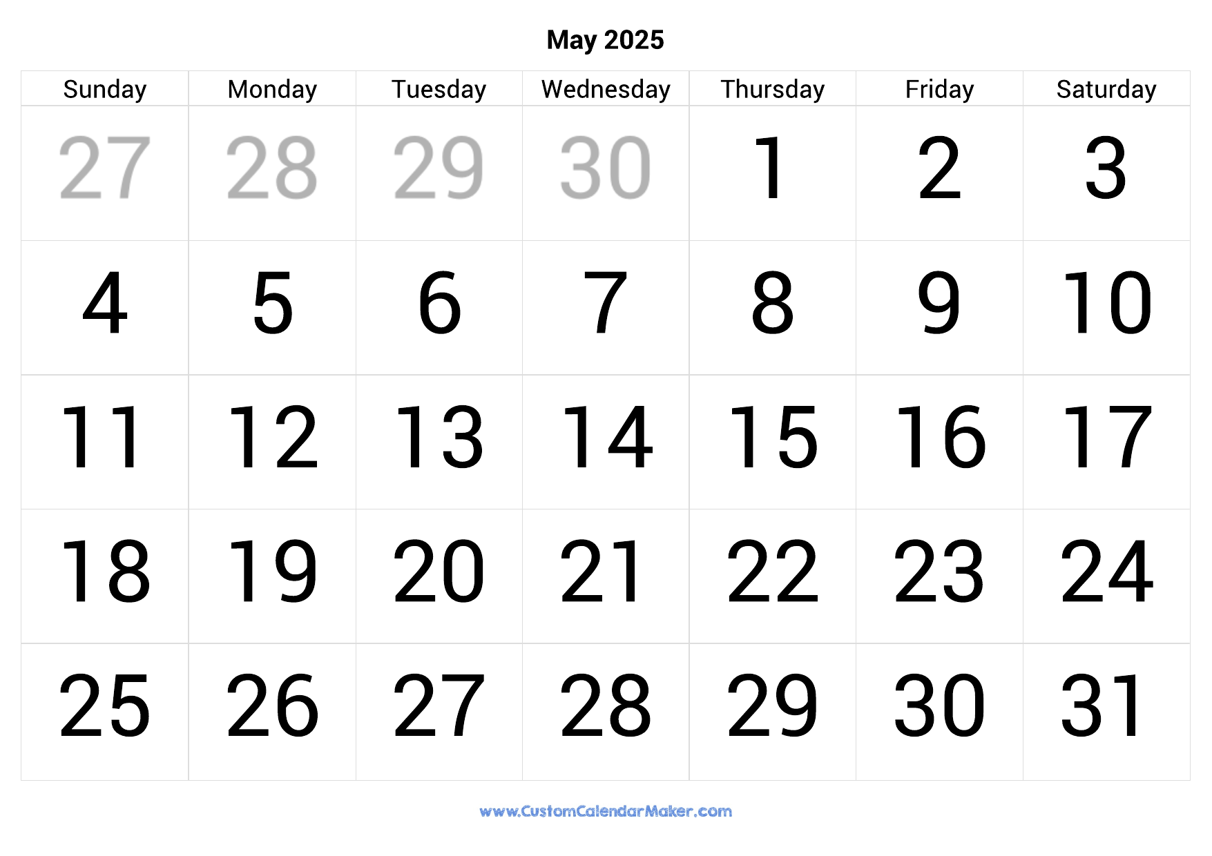 May 2025 Calendar Big Numbers Oscar Hayden