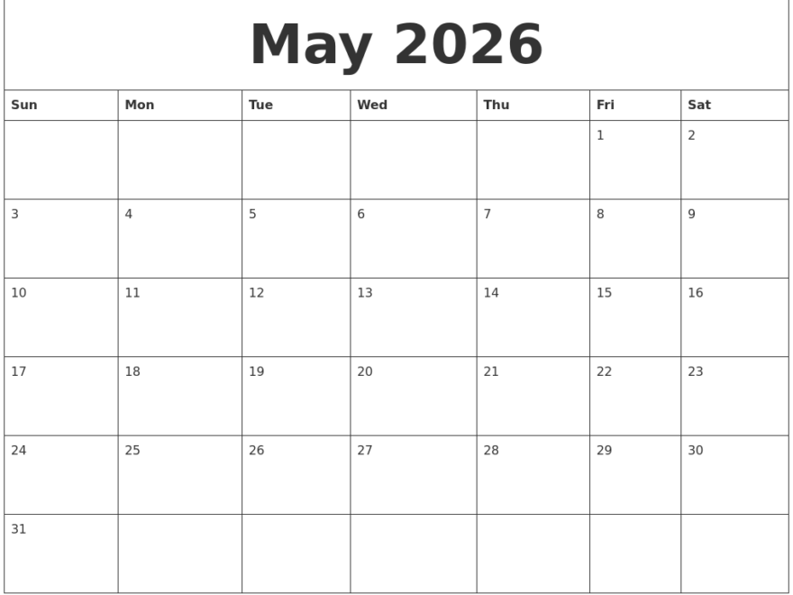 May 2026 Large Printable Calendar