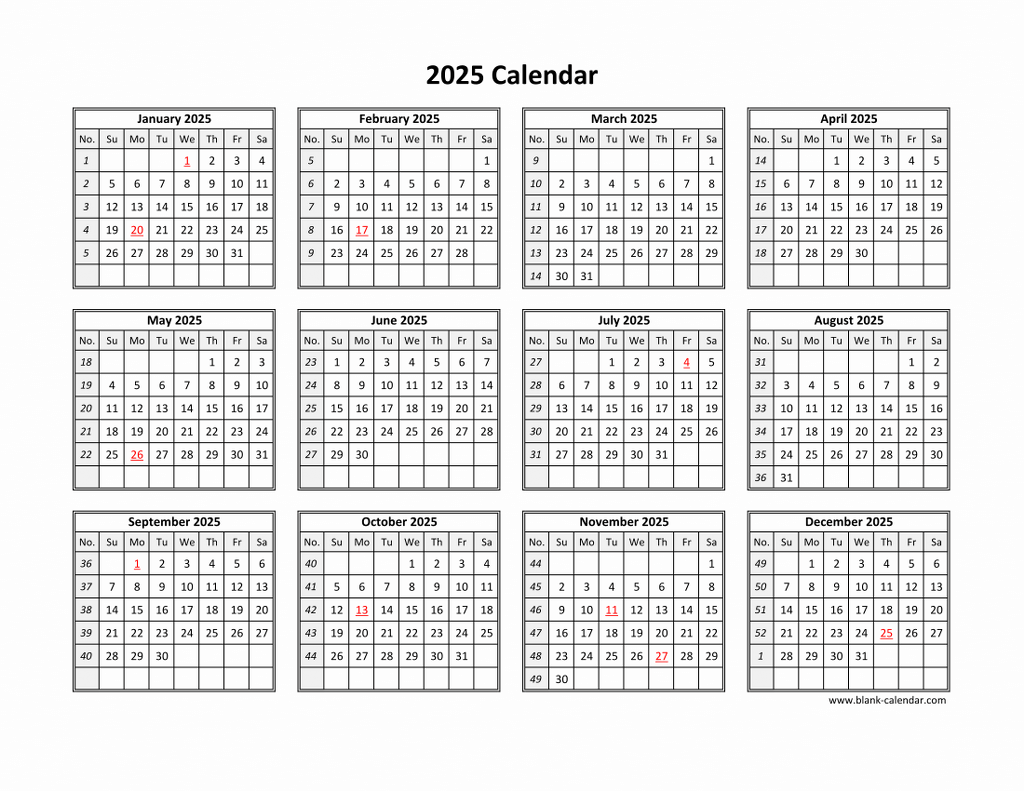 Mini Yearly Calendar 2025 Joel H Berry
