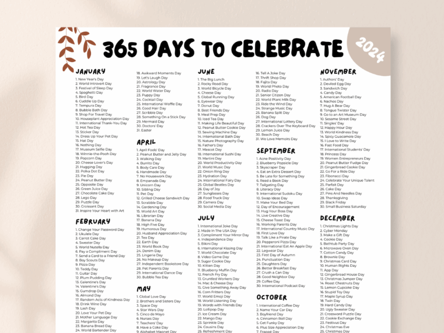 National Days And Holidays 2024 Printable PDF National Day Calendar