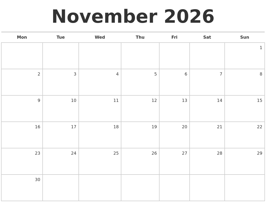 November 2026 Blank Monthly Calendar