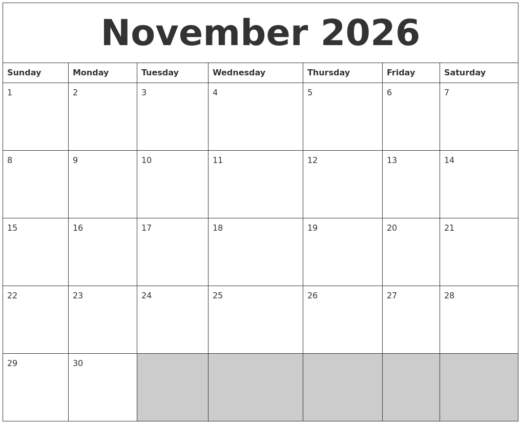 November 2026 Blank Printable Calendar
