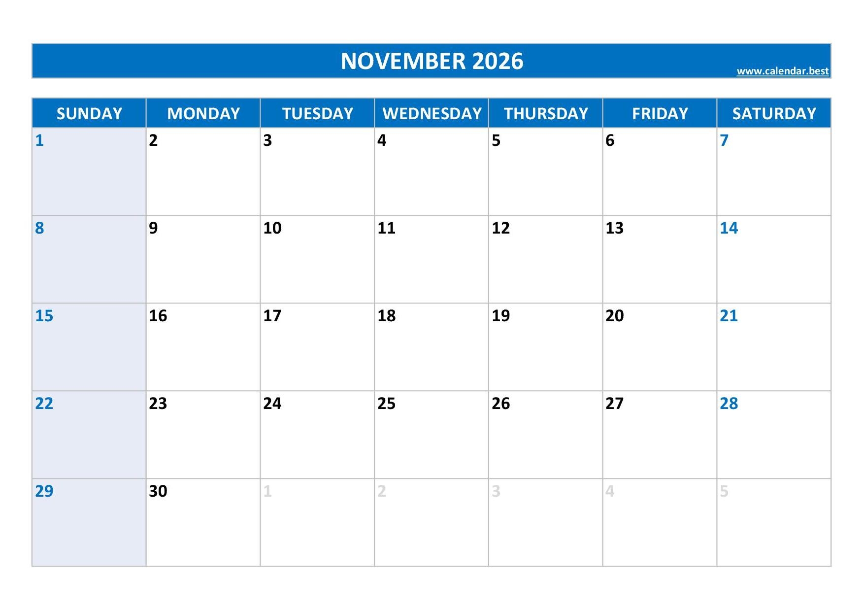 November 2026 Calendar Calendar Best
