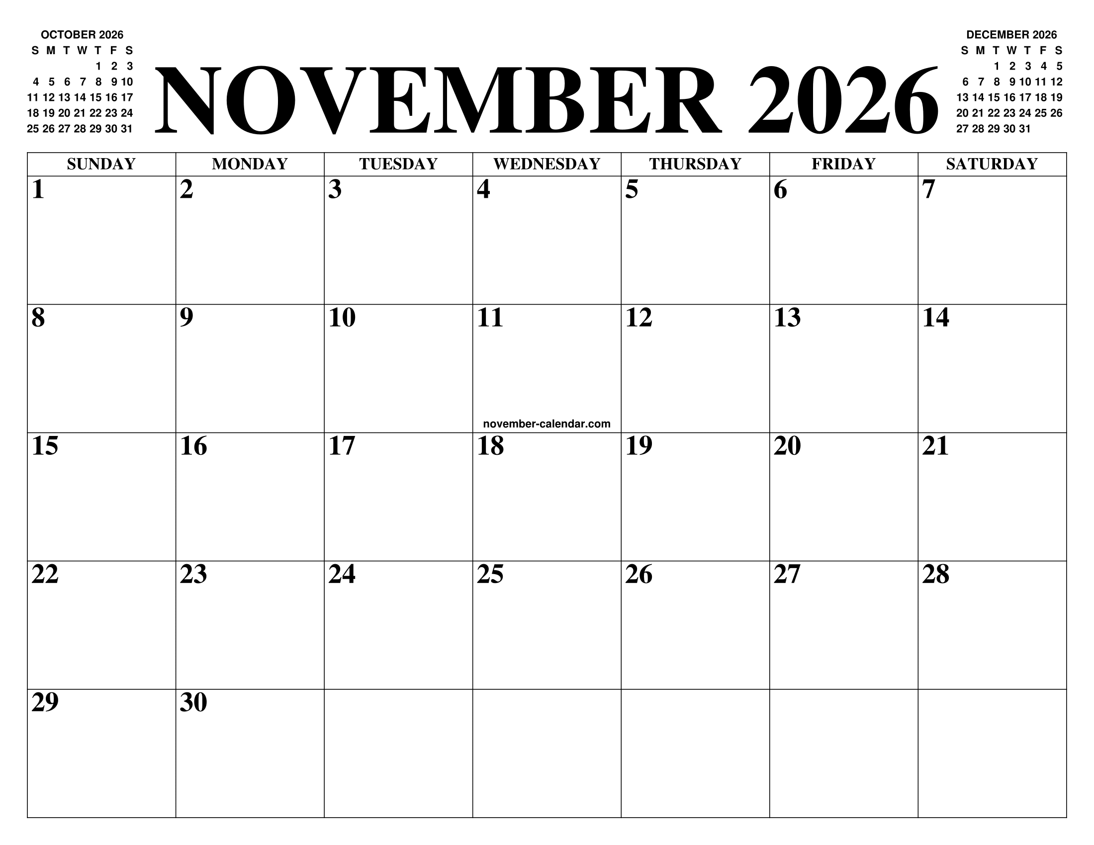 Calendar November 2026 Printable