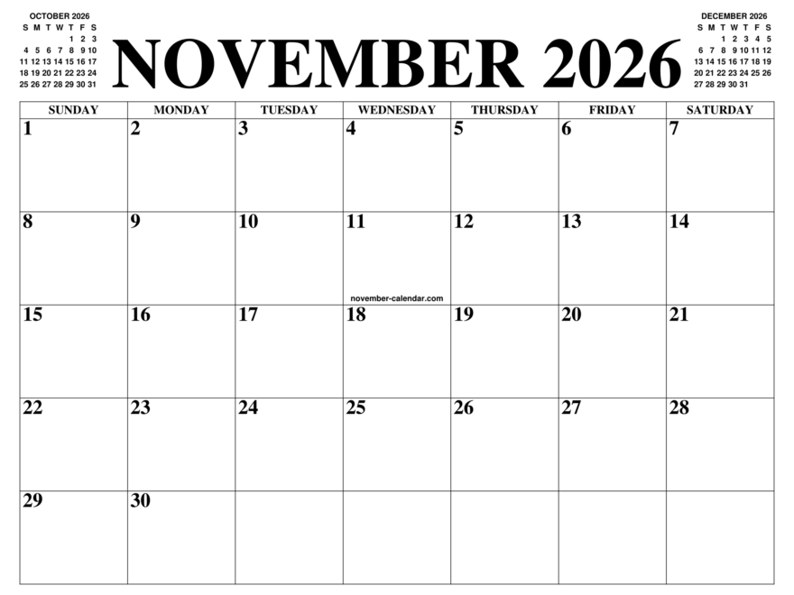 NOVEMBER 2026 CALENDAR OF THE MONTH FREE PRINTABLE NOVEMBER CALENDAR