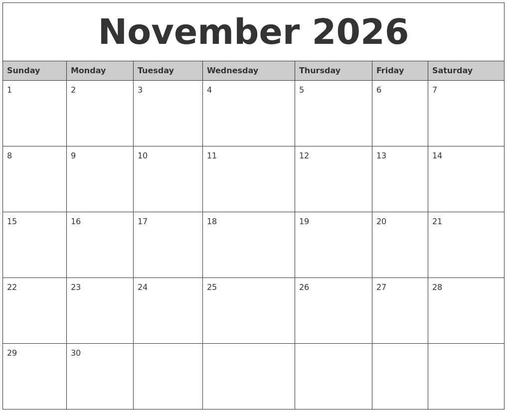 November 2026 Monthly Calendar Printable