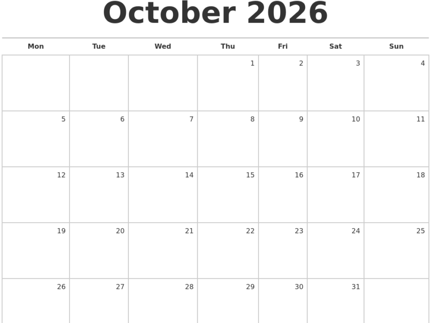 October 2026 Blank Monthly Calendar