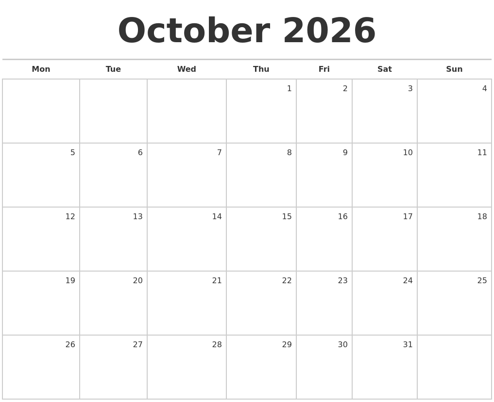 October 2026 Blank Monthly Calendar