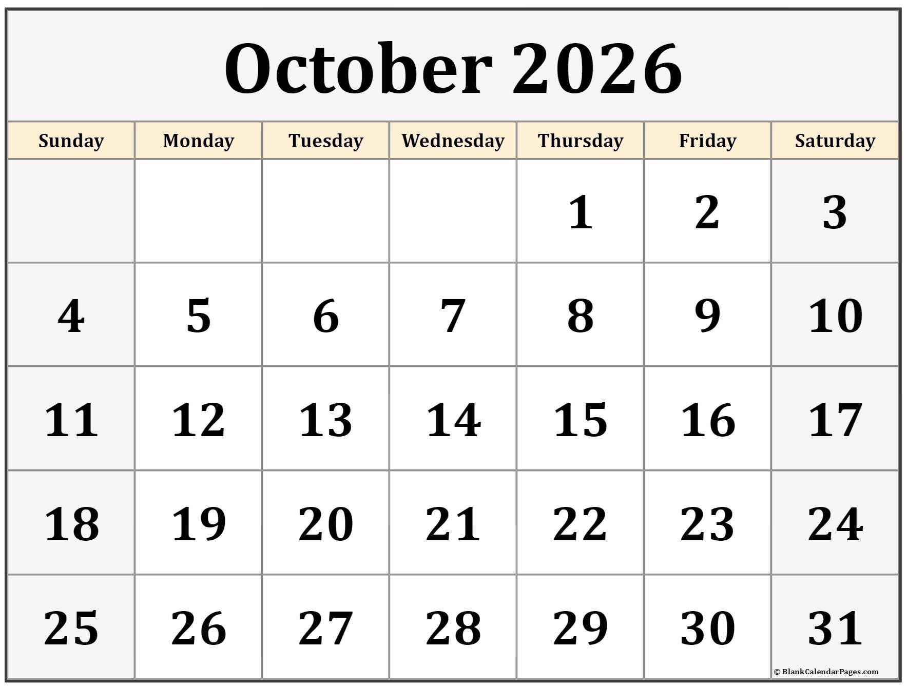 Calendar October 2026 Printable Free
