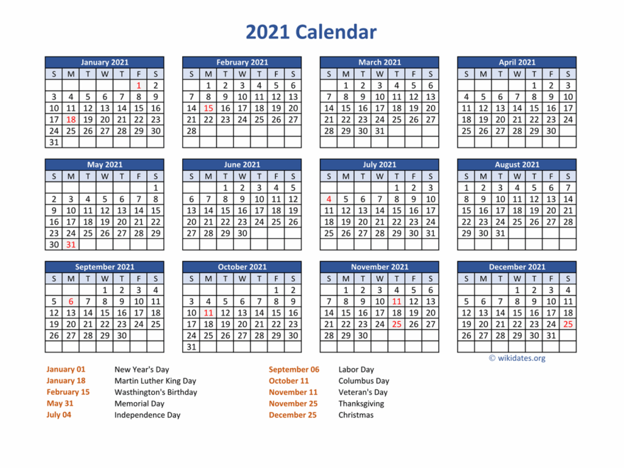 PDF Calendar 2021 With Federal Holidays WikiDates