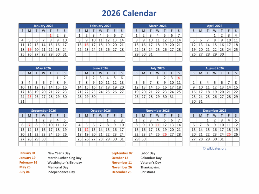 PDF Calendar 2026 With Federal Holidays WikiDates