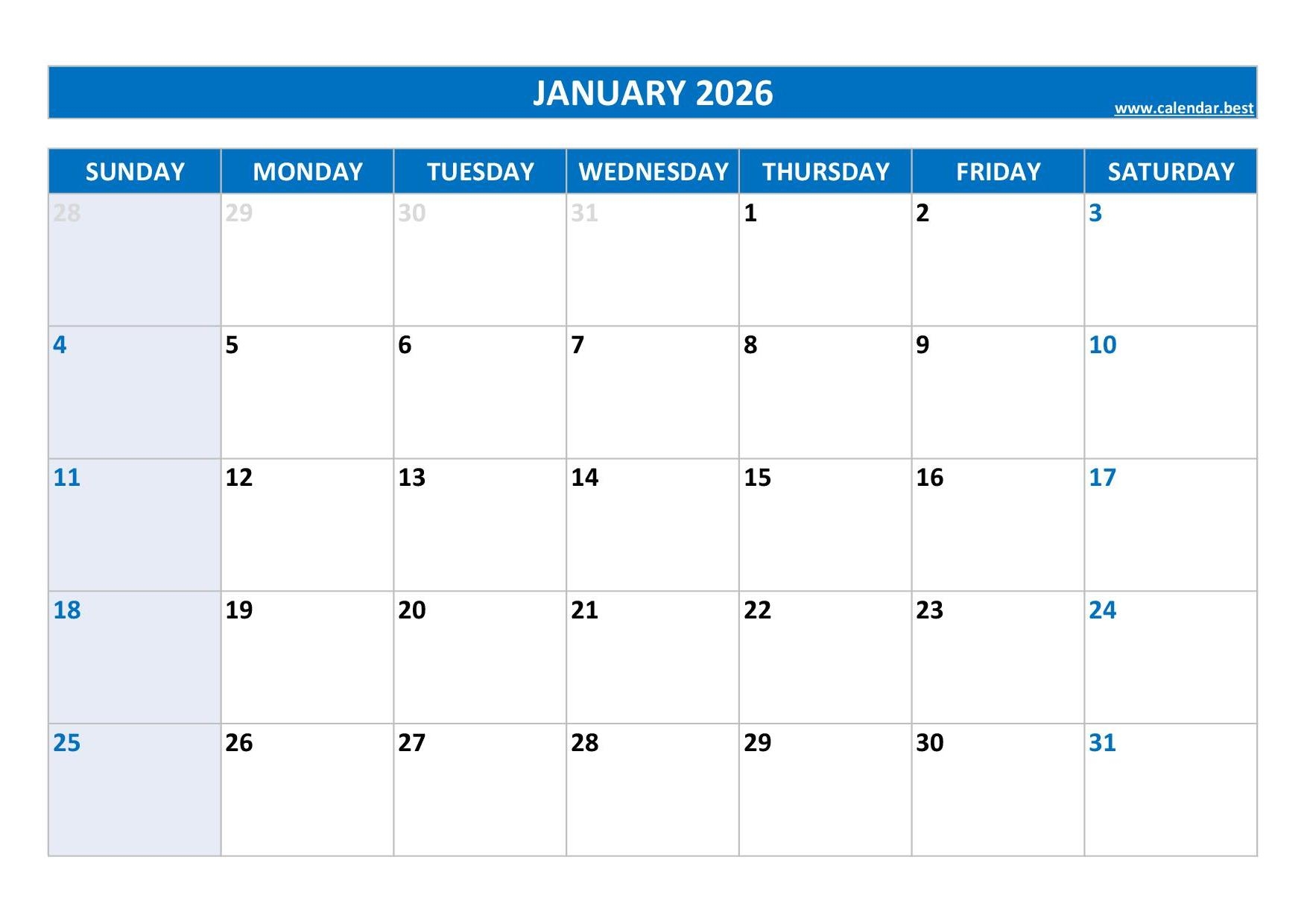 Printable 2026 Monthly Calendar Free
