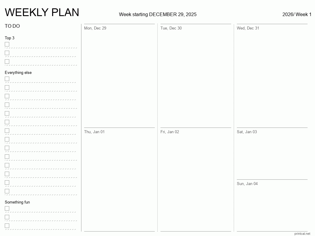 Printable 2026 Weekly Planner Auto Filled Date Template