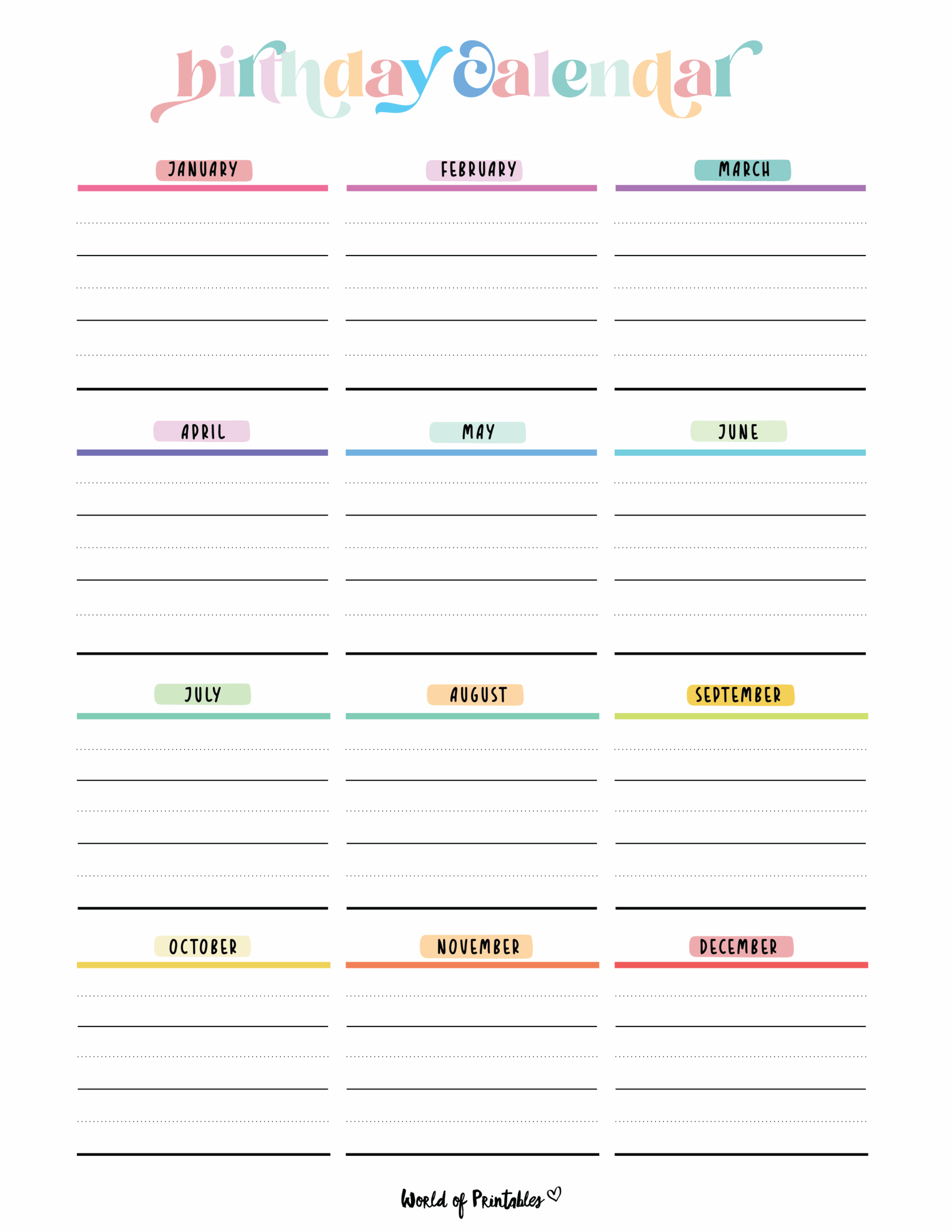 Printable Birthday Calendar Templates 52 OFF