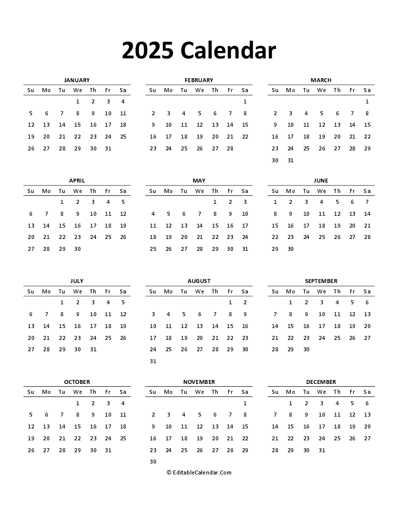 Printable Calendar 2025 Editable Word Edna R Harmon