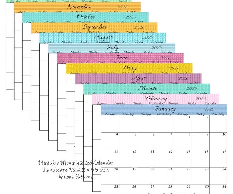 Printable Calendar 2026 Landscape Monthly Calendar Various Designs