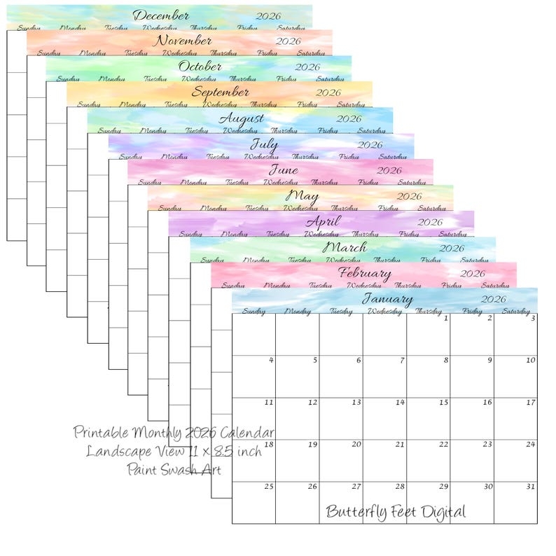 Printable Calendar 2026 Landscape Monthly Calendar Watercolor Paint