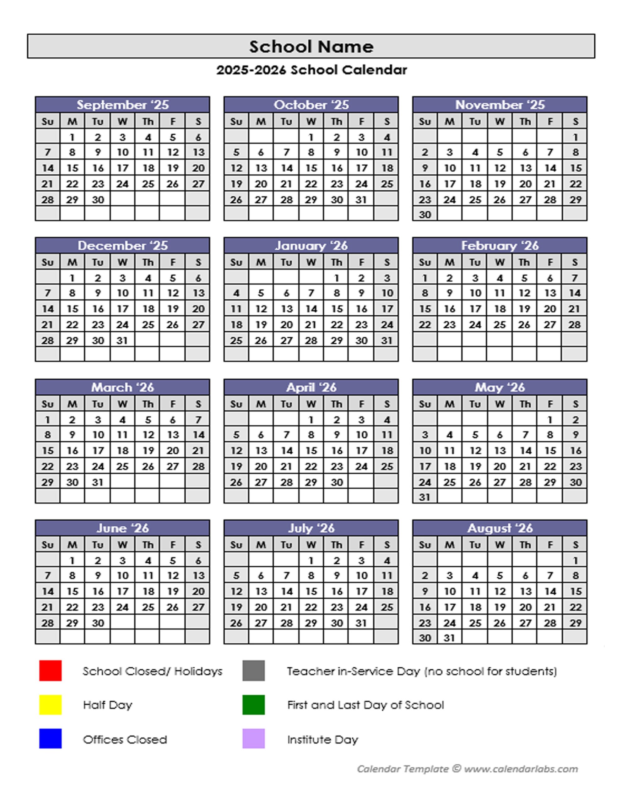 Customizable Printable Calendar 2026